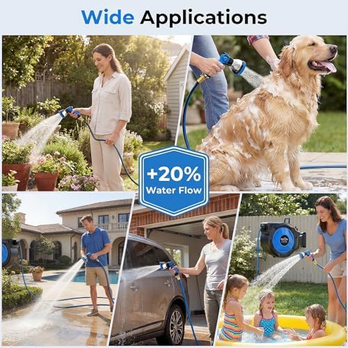 Himimi Retractable Garden Hose Reel 100 ft + 6.6 ft, 1/2 in Wall Mounted Heavy Duty Water Hose Reel with 10-Pattern Nozzle, Upgraded Slow Auto Rewind, Any Length Lock, 180° Swivel Mount - Image 7