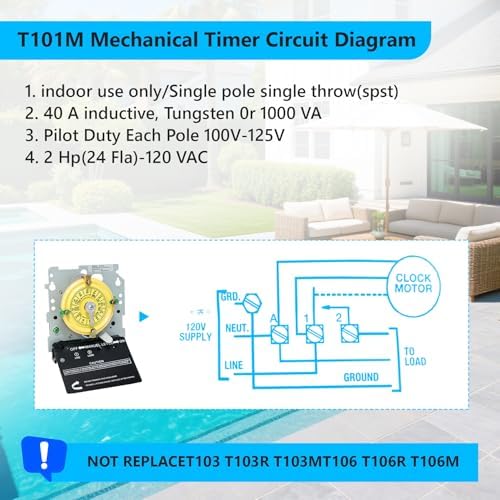 T101M Mechanical Timer Switch,120V AC SPST 40A,60Hz, Pool Pump Switch,Heavy Duty Pool Timers Outdoor,Timer for Lights HVAC Systems,24 Hour 12 ON/Off for Pump, 3 Years Warranty - Image 5