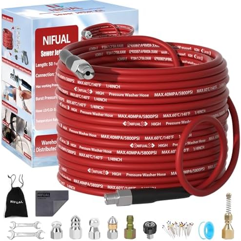 NIFUAL Sewer Jetter Kit for Pressure Washer,50FT 5800PSI Pressure Drain Cleaner 1/4 Inch NPT Corner Rotating and Button Hose Sewer Jetting Nozzle for Homeowners & DIYers (50FT) by PressureWasherAccessories