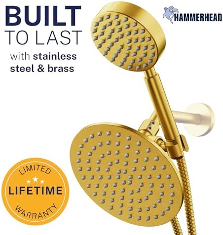 HammerHead Showers® Solid Metal Dual Shower Head Combo – BRUSHED GOLD – 8 Inch Rainfall High Flow Shower Head & Handheld Shower Head High Pressure with Hose 6ft - Hotel-Like Double Shower Heads - Image 2