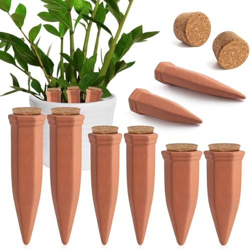 6 Pcs 4.9'' 5.9'' 6.7'' Terracotta Watering Spikes with Lid Automatic Plant Waterer Vacation Friendly Self Watering Planter Insert Plant Water Devices for Indoor Outdoor Plants, 3 Sizes by Ferrochef