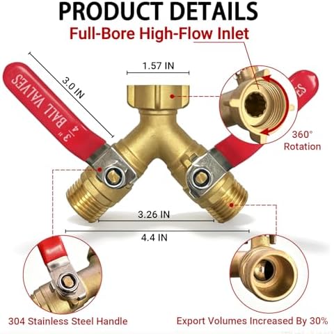 Garden Hose Splitter 2 Way, Heavy Duty Brass Full Flow Y Valve, 3/4" GHT - Image 4