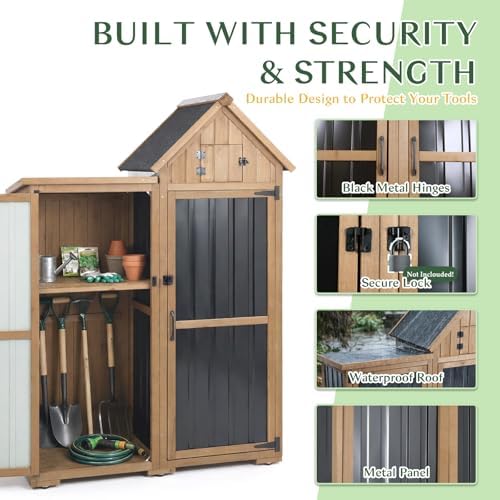 Outdoor Storage Cabinet Weatherproof with 3 Adjustable Shelves, 66'' H Wood & Metal Storage Shed with Lockable Doors & Waterproof Roof, Outside Garden Tool Sheds, Brown - Image 3