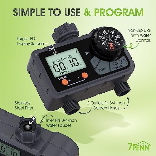 7Penn 2 Zone Water Timer - Programmable Outdoor Irrigation System - Black - Image 2
