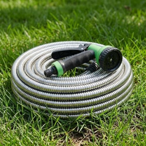50FT Stainless Steel Heavy Duty Garden Hose, Kink-Free Flexible Metal Water Hose with 10-Function Spray Nozzle, Leak-Proof Brass 3/4" Connectors, US Standard by LIZHOUMIL