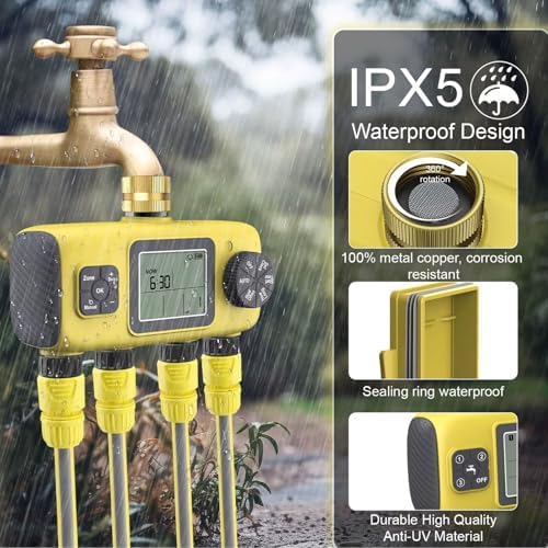 4 Outlet Sprinkler Timer, 4 Zone Programmable Garden Water Hose Timer with Rain Delay, Manual Automatic Irrigation, 3/4in Brass Inlet, for Lawn Yard Garden - Image 5