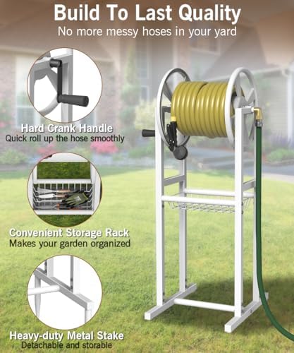 Garbuildman Ground Mount Garden Hose Reel Holds 125 Feet of 5/8-Inch with 3.9 ft Leader Hose, Brass Fitting, Water Hose Holder Stand with Storage Rack & 4 Spikes Base for Outdoor Lawn, White - Image 3