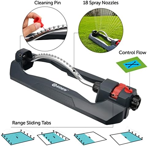 Eden 94106 Turbo Oscillating Sprinkler, Covers Up to 4,000 sq. ft., 18 Precision Nozzles, Weighted Base, Adjustable Range, Flow Control Knob, Quick Connect Bundle, Black, Silver, Red - Image 3
