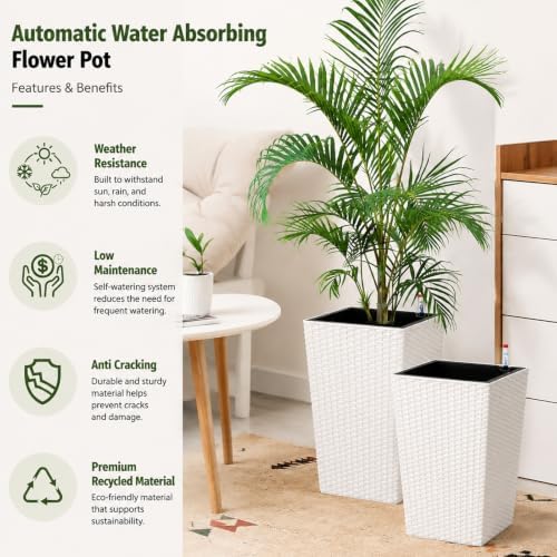 22.5'' Tall Planters for Outdoor & Indoor, Self Watering Plant Pots Set of 2 with Water Level Monitor & Drainage, Automatic Watering for Patio Garden, White - Image 2
