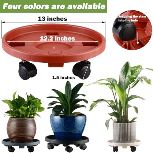 5 Packs Large Plant Caddy with Wheels 13" Rolling Wheeled Plant Stands Heavy-duty Plastic Flower Pot Roller Base Movers Indoor Outdoor Planter Dolly with Casters Trolley, Red - Image 3