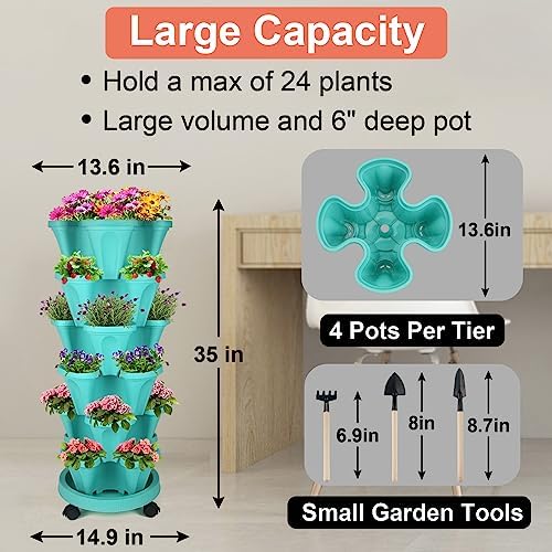 DUNCHATY Stackable Planter, Vertical Garden Planter with Wheels and Tools, Self Watering Strawberry Planter Indoor/Outdoor 3 Tier Herb Planter Pots for Growing Vegetables and Succulents, Teal - Image 3