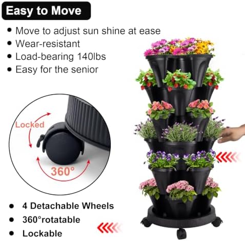 GameXcel Vertical Planter Tower - 6 Tier Stackable Garden Planters with Wheels and Garden Tool Set Plant Pots for Strawberry Herb Flower and Vegetable Indoor Outdoor Use Black - Image 4