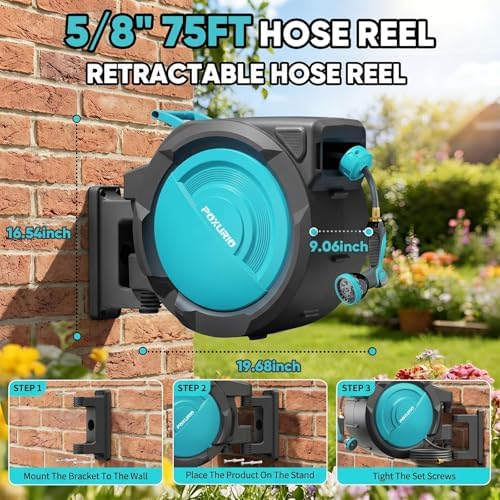 5/8" 75FT Retractable Garden Hose Reel - Heavy Duty Automatic Wall Mounted Hose Reel with 2026 Upgraded UV Resistant, 3/4" Brass Fitting, 10 Pattern Nozzle, 180° Swivel&Any Length Lock Slow Retraction - Image 2