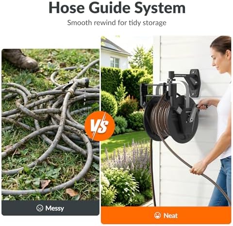 Giraffe Tools Garden Hose Reel Wall Mount, 125FT 5/8" Hose Capacity, Heavy Duty Water Hose Reel, Hose Guide Pre-Installed with Crank, 210° Swivel, for Yard Lawn Garage - Image 4