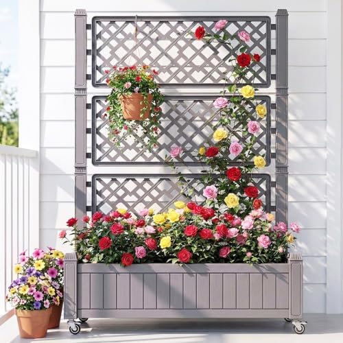 YITAHOME 43.3x17.7x61 in Planter Boxes Outdoor with Trellis, Resin Raised Garden Bed with Wheels & Drain Plug for Climbing Plants, Weather-Resistant Design Elevated Garden Bed with Trellis, Brown by YITAHOME