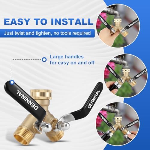 Garden Hose Splitter, Brass Hose Splitter 2 Way Heavy Duty, Leakproof Water Spigot Splitter with Stainless Steel Long Handle, Durable All-Metal Y Adapter with Shut-Off Valve, 3/4 GHT Splitter - Image 2