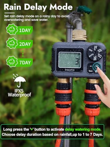 Insoma 2-Zone Water Timer Brass Inlet/Outlet, Programmable Outdoor Hose Faucet Timers with Auto/Manual Modes + Rain Delay, Waterproof Sprinkler Timer for Garden, Lawn, Yard, Pool | Save Water & Money - Image 5