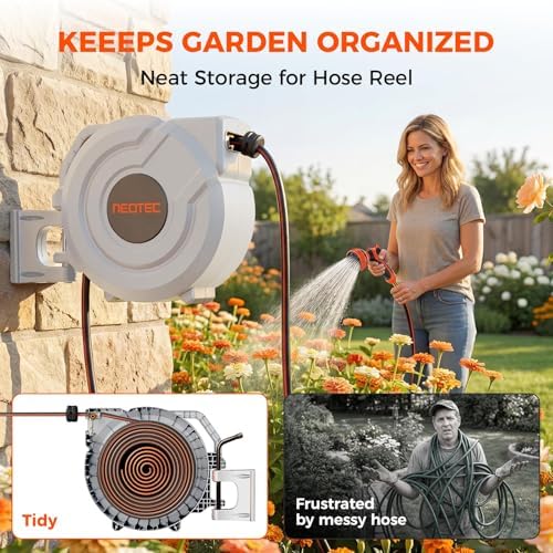5/8 Inch 100ft Retractable Garden Hose Reel with Any-Length Lock Slow Auto Rewind Heavy Duty Hose Reel With 9-Pattern Nozzle 180° Swivel Bracket UV Resistant Wall Mounted Hose Reel for Outside - Image 2