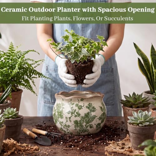 Geetery Ceramic Planter Pot 7.1 Inch Round Plant Pot, Vintage,Green,Small - Image 6