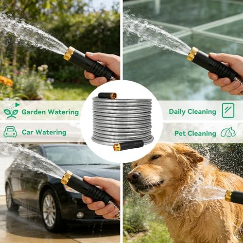 HERZO 50FT Metal Garden Hose, Ultra Flexible Stainless Steel Water Hose, Non-Kinking, Leak-Resistant Design with Solid Brass Connectors - Image 3