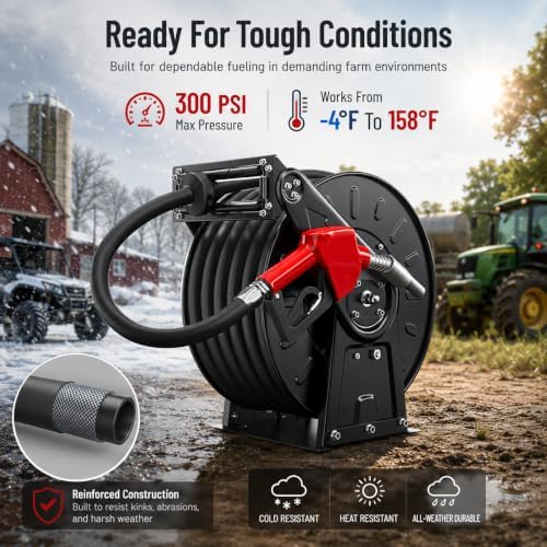 3/4" Diesel Fuel Hose Reel, Industrial 65ft 300 PSI Retractable Hose for Diesel Spring Driven, Auto Swivel Fuel Pump Transfer Hose with Nozzle, Refueling for Service Truck,Tank, Aircraft - Image 3