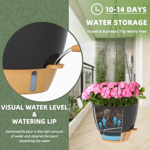 ZMTECH 12 Inch Large Self Watering Hanging Planters for Indoor Outdoor Plants - Water Level Indicator & Removable 60 Oz Reservoir, 1 Pack Plastic Hanging Basket for Window Porch Garden Balcony, Black - Image 4