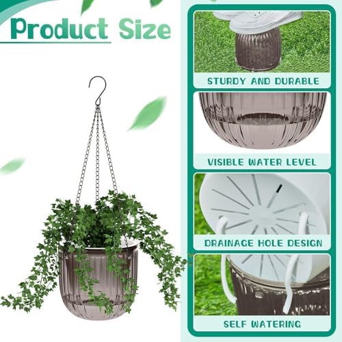 Meanplan 4 Pcs Self Watering Hanging Planter Indoor 6.5 Inch Hanging Baskets for Plants Outdoor Plastic Flower Pot with 3 Hooks Chains Drainage Holes for Garden Home, Medium Size(Gray) - Image 4