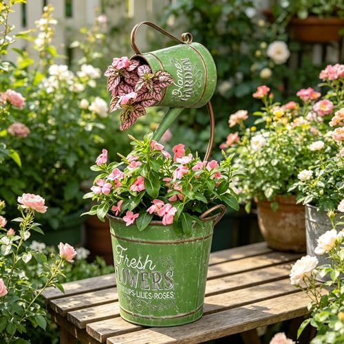 Rustic Green Metal Watering Can Flower Pot, Vintage Distressed Garden Decor Flower Bucket Planter for Herbs Succulents Flowers, Decorative Plant Pot for Outdoor Indoor Patio Yard Home Decor by Unknown