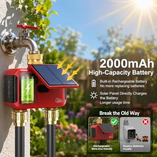 2 Zone WiFi Smart Sprinkler Timer for Garden Hose, Solar Rechargeable Water Timer with Dual Outlet, Brass Inlet & Outlet, No Hub Required, Smart Life App, Alexa & Google Assistant Compatible - Image 2