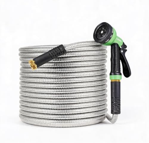 100FT Heavy-Duty Stainless Steel Garden Hose with Spray Nozzle, No-Kink Design by TackMind