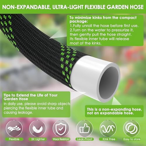 100ft Non-Expanding Garden Hose, 3/4" GHT Kink-Free Water Hose with 10 Function Nozzle, Flexible Outdoor Hose for Yard, Garden, Car Washing - Image 2