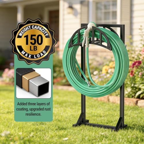 YQSLYSF Garden Hose Reel Holder, Water Hose Stand with 4 Stake and 2 Tool Hooks, Heavy-Duty Metal Hose Storage Holds 150Ft, Freestanding Hose Hanger Rack for Outside, Yard, Lawn, Farm（White） - Image 3