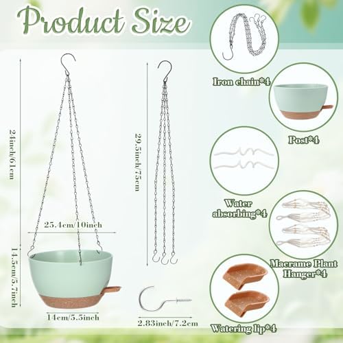 Sliner Set of 4-10 Inch Self Watering Hanging Planters Includes Hanging Pots and Outdoor Hanger Plant Pots with Drainage Holes 2 Types of Hanger Basket Hooks for Patio Garden(Green Brown) - Image 2