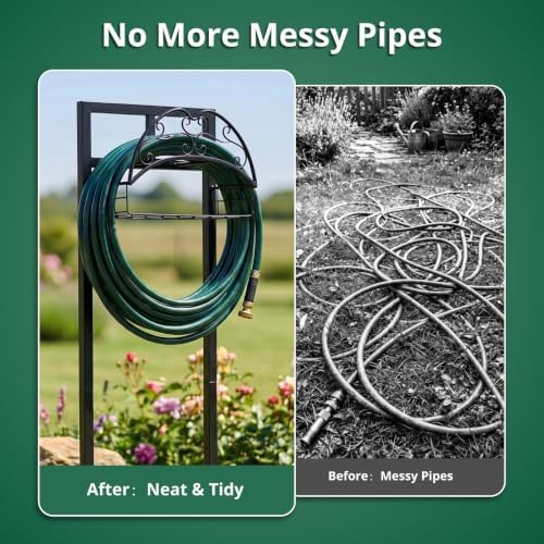 Black Garden Hose Holder Stand, Heavy Duty Freestanding Water Hose Storage Rack with 4 Anchor Spikes Nozzle Groove and Storage Basket Weather Resistant Iron Organizer for Yard Lawn Garden Farm Outdoor - Image 5