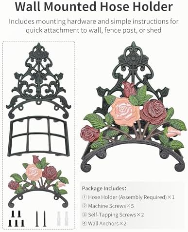 Cast Iron Garden Hose Holder Wall Mount, Rustic Heavy Duty Water Hose Hanger Storage Rack, Decorative Vintage Hose Reel Organizer for Outside Garden Yard Patio, Painted Rose Design - Image 3
