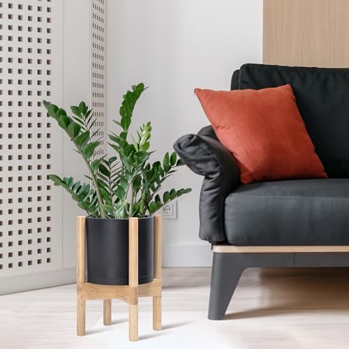 D'vine Dev Plastic Pot with Natural Wood Stand, Black, 8 in, 55-C-J-2 - Image 2