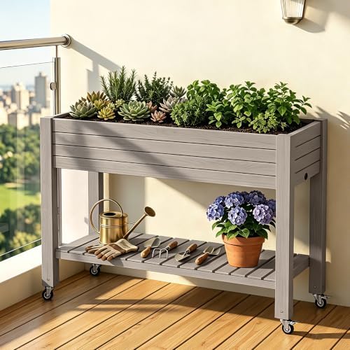 Elevated Resin Raised Garden Bed, 33.7in Height Raised Planter Box with Drainage Holes, Lockable Rotating Wheels & Bottom Storage Shelf, Stake Support, Easy Assembly for Patio Lawn Backyard Balcony - Image 7