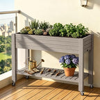 Elevated Resin Raised Garden Bed, 33.7in Height Raised Planter Box with Drainage Holes, Lockable Rotating Wheels & Bottom Storage Shelf, Stake Support, Easy Assembly for Patio Lawn Backyard Balcony - Image 7