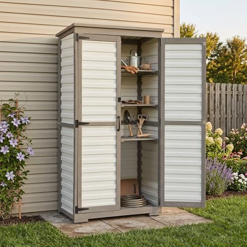 Tall Outdoor Storage Cabinet with Adjustable Shelves, White Plastic & Wood Storage Cabinets with Waterproof Roof, Lockable Doors, Outside Tool Shed for Garden,Patio, Backyard, Garage - Image 2