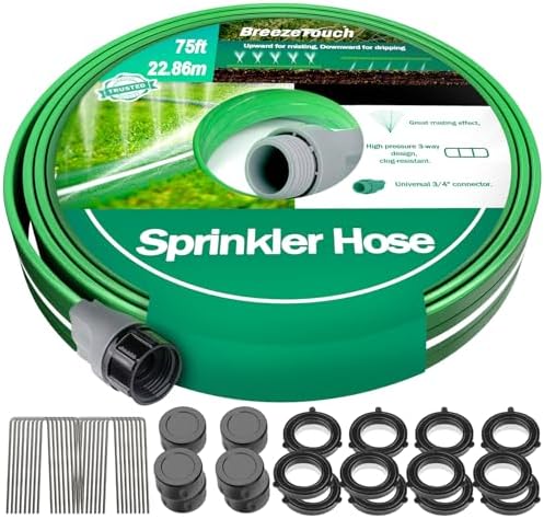 75FT Three-Tube Flat Sprinkler Hose with Holes with U-Shaped Stakes by BreezeTouch