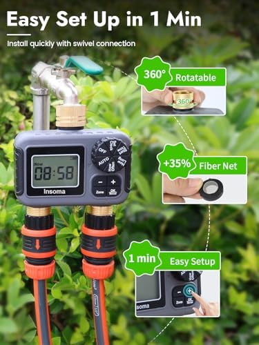 Insoma Water Timer 2 Zone, Programmable Irrigation Sprinkler Timer for Garden Hose, Outdoor Hose Faucet Timers with Rain Delay/Manual/Auto Modes, IPX5 Waterproof for Drip System & Lawn - Image 6