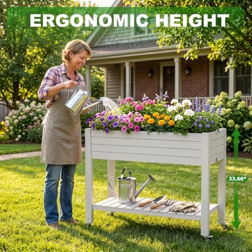 Elevated Resin Raised Garden Bed, 33.7in Height Raised Planter Box with Drainage Holes, Lockable Rotating Wheels & Bottom Storage Shelf, Stake Support, Easy Assembly for Patio Lawn Backyard Balcony - Image 6