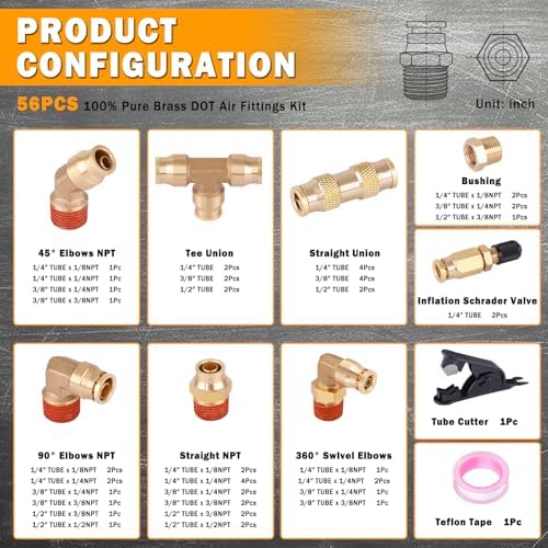 56 Pcs Brass DOT Air Line Fittings kit with Brass Bushings - Image 2