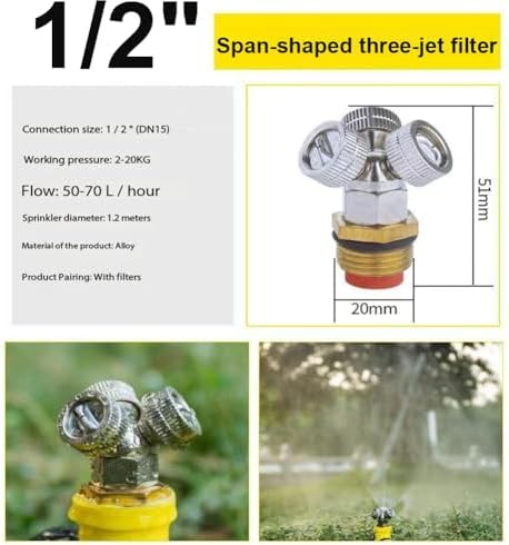1/2"（DN15） Brass Mist Nozzle Thread Mist Nozzle for Lifting Garden Bed Backyard Outdoor Cooling System（Pack of 5） Span-Shaped Three-Jet Filter 5pcs - Image 4