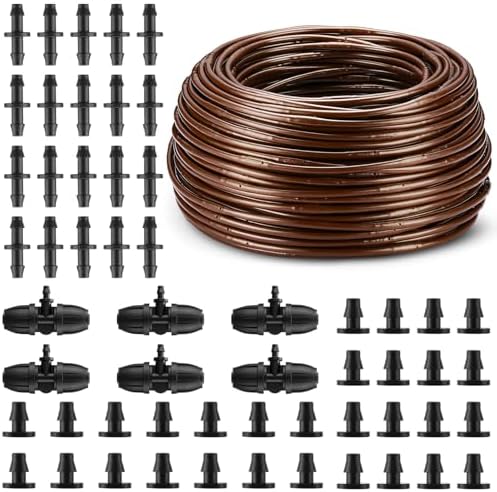 Nuanchu 328 ft 1/4 Inch Drip Irrigation Tubing Hose with 6" Emitter Spacing Watering Tube Line Kit with 6 Pcs 3-way Connectors 20 Pcs 1/4" Couplings 30 End Plugs for Garden Irrigation System, Brown by Nuanchu