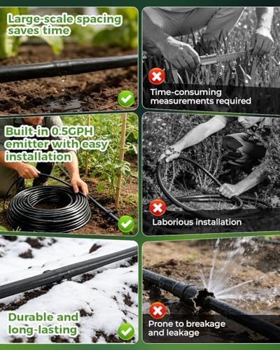 1/4" Drip Irrigation Tubing with 6" Emitter Spacing, (250 Ft Roll) Hydroponics Dripline with Built-in 0.5 GPH Dripper, Saving 80% Water, Drip Line for Garden Beds and Dense Planting Areas (Black) - Image 2