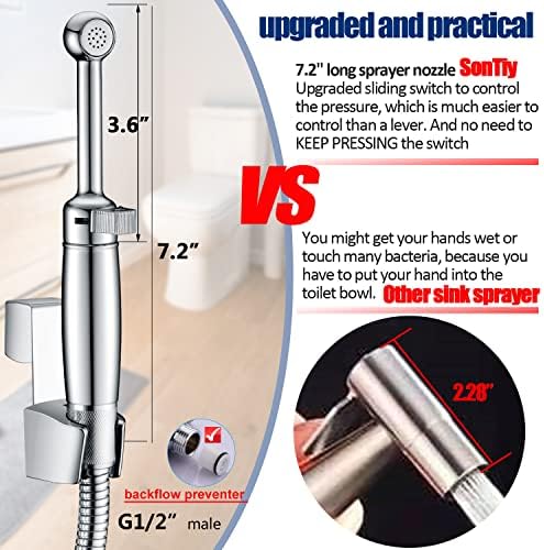 SonTiy Handheld Bidet Sprayer for Toilet, All Metal Cloth Diaper Toilet Sprayer Bidet Attachment with Backflow Preventer, Adjustable Water Jet Spray, 7.2" Brass Hand Held Bidet Wand, Chrome - Image 5