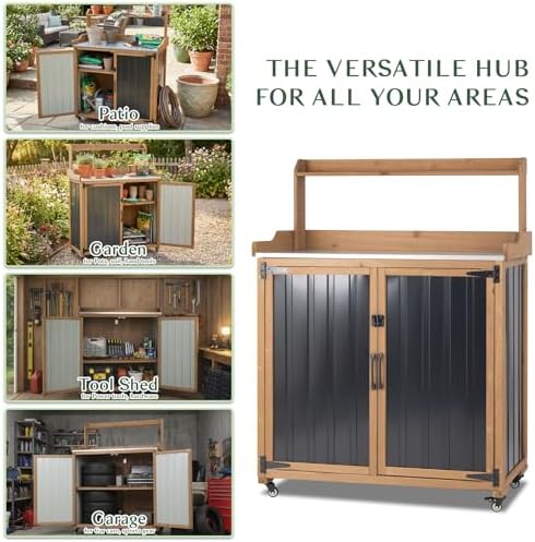 Outdoor Storage Cabinet with 4 Wheels and Handle, Metal & Wood Potting Bench Storage Cabinets with Waterproof Top, Removable Shelf, Potting Table & Workstation for Garden, Patio, Balcony, Garage - Image 5