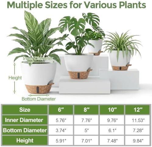 Plant Pots, 12" 10" 6" 8" Inch Self Watering Pots with Water Level Indicator, Set of 5 Flower Pots Indoor with Drainage Holes, Modern Planters for Indoor Outdoor Plants, Room & Office Décor - Image 4