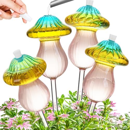 11 oz Large Plant Watering Globes, Glass Self Watering Globes, Gradient Color Mushroom Self Watering Planter Insert, Vacation Plant Watering Devices, Automatic Watering Bulbs (Large-4 Pack) by KFXFENQ